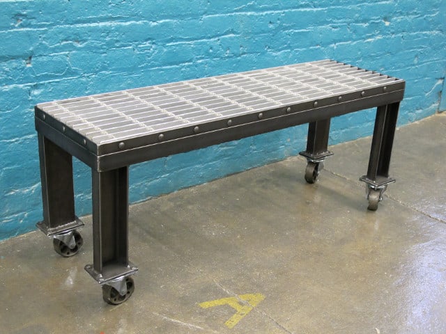 low metal bench with wheels