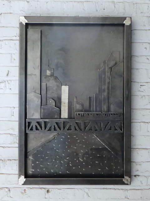 chicago river skyline in steel artwork