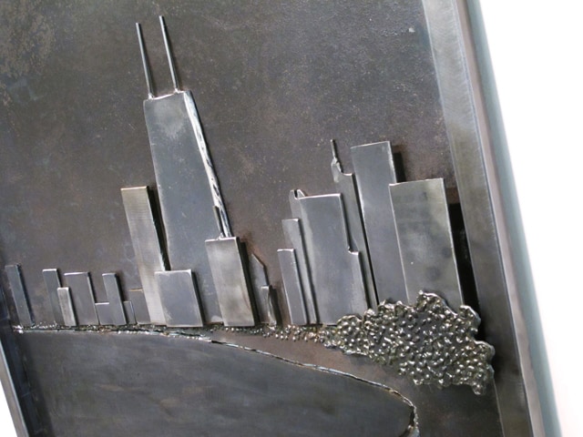 chicago skyline in steel hanging artwork